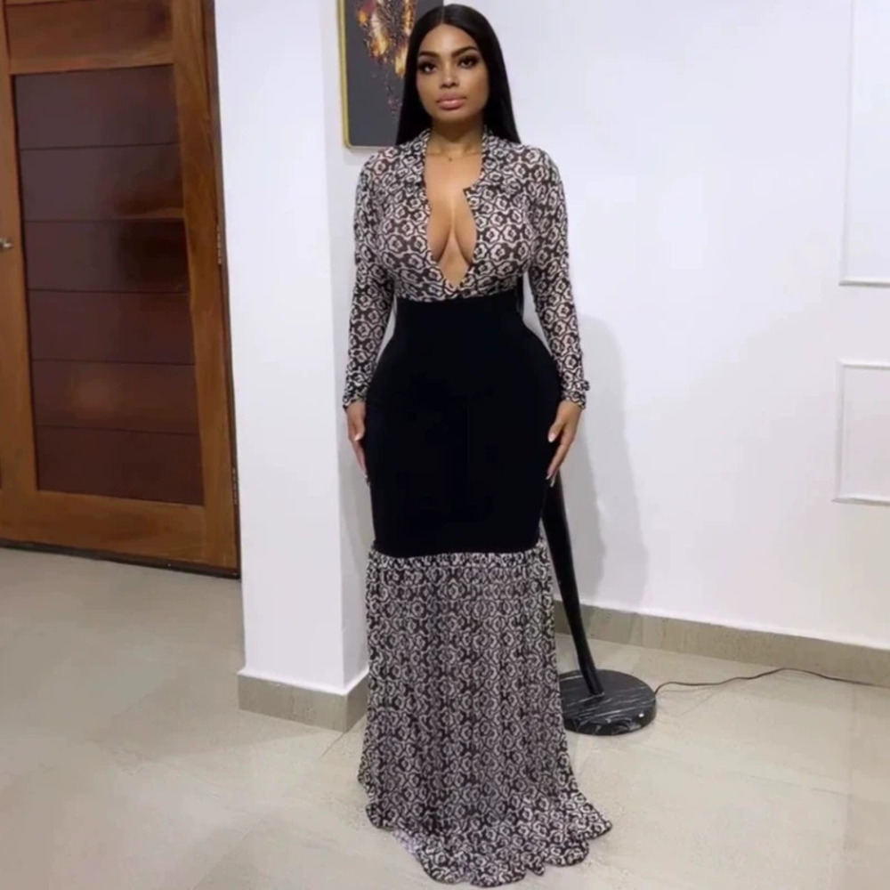 Sexy Long Sleeve African Print Patchwork Bodycon Maxi Dress